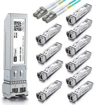 10 Pack 10G MultiMode SFP+ LC Module with 2m OM3 LC to LC Fiber Patch Cable, 10GBase-SR SFP+ Fiber Transceiver, MMF 850nm, 300m, DDM, Compatible with Cisco SFP-10G-SR, Meraki, Ubiquiti