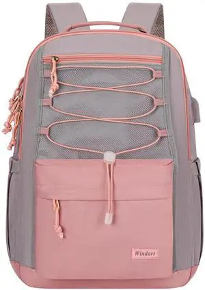 WINDARS School Backpack for Teens Girls, Aesthetic College Backpack Large Bookbag for Women Students Fashion 15.6 Inch Laptop Bag for Work Travel (Pink & Grey)
