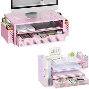 gianotter 4-Tier Paper Letter Tray + Monitor Stand with Storage (Pink)