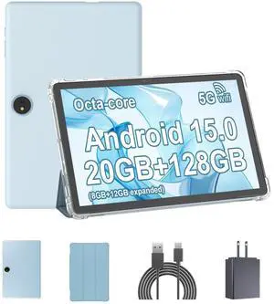 PEICHENG Tablet 11inch Android 15 Octa-core Processor, RAM 20GB(8+12Expand)+ROM 128GB, 9V/2A Quick Charge, 5MP+13MP Dual Cameras, Sky Blue (Tablet + Protective case)