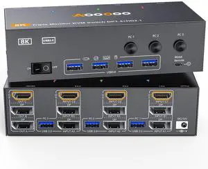 8K@60Hz HDMI2.1 Displayport KVM Switch 3 Monitors 3 Computers 4K@144Hz Triple Monitor KVM Switches with USB 3.0 Port,Wired Remote,Power Adapter and USB3.0 Cables(16cm 3 PC 3 Monitor 8K KVM)