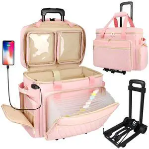 SIYNPAV Rolling Teacher Bag with Accordion File Organizer, USB Port& 15.6 Inch Laptop Compartment, Wheeled Teacher Tote Bag with Detachable Trolley for Teaching& Office Supplies Storage (Pink)