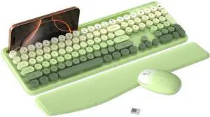 MPTOG Colorful Wireless Computer Keyboard and Mouse Combo with Phone Holder, Wrist Rest, Typewriter Keys, 2.4GHz Wireless, Full-Sized Optical Mouse for PC and Laptop(Green Colorful)