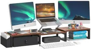 LAND·VOI Heavy Duty Dual Monitor Stand, Holds 2 Screens Up to 27 Inches, Adjustable Length and Angle Monitor Riser, Desk Organizer with Side Pockets and Drawers, Home Office Desk Storage, Rustic Brown