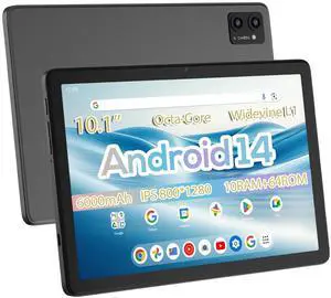 Haudio 2025 Android Tablets, 10.1 inch Android 14 Tablet, Octa Core, RAM 10GB, ROM 64GB(1TB Expand), 800 * 1280 IPS, 6000mAh Battery, 2MP+5MP, WiFi 5 & Bluetooth - Gray