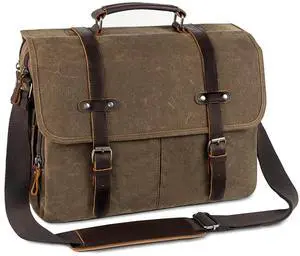 Wogarl 15.6 Inch Messenger Bag for Men: Genuine Leather Waxed Canvas Briefcase Large Computer Laptop Bag, Satchel Shoulder Handbags Crossbody Bags for Work (Coffee)