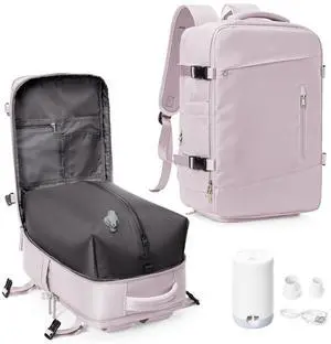 suwasp Vacuum Travel Backpack with Electric Vacpack Pump for Women, 40L Expandable Vacuum Compression Bags Personal Item Backpack Flight Approved Vacuum Seal Backpack for Traveling, Light Pink