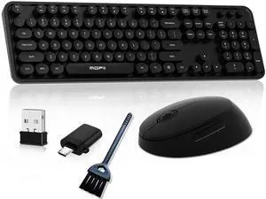 Wireless Keyboard and Mouse, COOFUN Cute Colorful 104 Keys Full Size Typewriter Keyboards Retro Cordless Key Board Ergonomic Keyboards and Mouse Wireless for Windows, PC, Laptop, Desktop (Black)