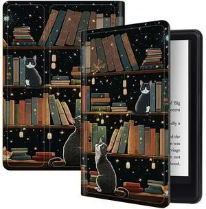 for All-New Kindle Paperwhite 12th Gen 2024 (7") & Kindle Colorsoft Signature Edition 7" Case with Cat Library, Folding Multi-Viewing Angles Stand Cover with Auto Sleep & Wake