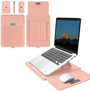 MokaZii [3 in 1] 15-15.6 inch Laptop Sleeve Protective Case for MacBook Air/Pro 15" (M4/M3/M2), PU Leather Laptop Waterproof Slim Cover with Stand and Mouse for MacBook Pro (15") - Pink