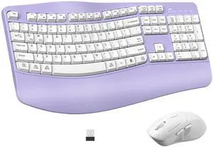 Ergonomic Wireless Keyboard and Mouse Combo, Wave Keys Keyboard with Wrist Rest for Natural Typing, 3 DPI Adjustable Ergonomic Silent Mouse for Computer/Laptop/Windows/Mac (Purple)