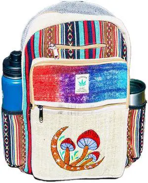 Hemp Backpack Bag Large multi Pockets, Travel Back Pack, Laptop Unisex, Cotton Stripe Nepali Backpack, Festival, Hiking, 14 IN Large Hippies (2 Medium & 2 Bottle Space Pocket)