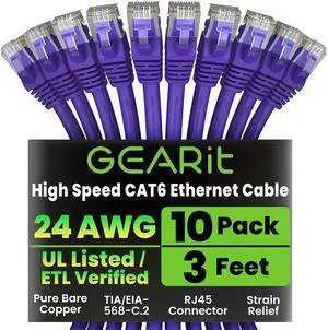 GEARit Cat 6 Ethernet Cable (10-Pack 3 Feet) Cat6 Network Patch, 10Gbps, RJ45, Snagless Cord, Gold-Plated Connectors, Internet for PC, TV, Tablet, Router, Printer, Servers, IT Data Center - Purple GEARit Cat 6 Ethernet Cable (10-Pack 3 Feet) Cat6 Network Patch, 10Gbps, RJ45, Snagless Cord, Gold-Plated Connectors, Internet for PC, TV, Tablet, Router, Printer, Servers, IT Data Center - Purple