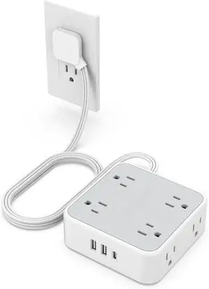 Surge Protector Flat Extension Cord Flat Plug Power Strip, 8 AC Outlets, 3 USB Charger(1 USB C Port) 3 Sided Outlet Extender, 5 Ft, 900 Joules Protection, Office Supplies, Dorm Room Essentials