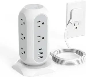 Tower Power Strip Flat Plug with 11 Outlets 3 USB (1 USB C),  Surge Protector Tower 1625W/13A,1050J Protection, 6 Feet Extension Cord with Multiple Outlets, Office Desk Supplies, Dorm Essentials