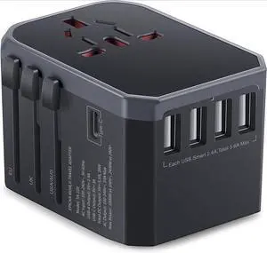 Universal Travel Adapter, European Travel Plug Adapter (Not a Voltage Converter) - International Power Adapter Worldwide Charger with USB-C & 4 USB-A Ports, Travel Essentials (TA-105, Grey)