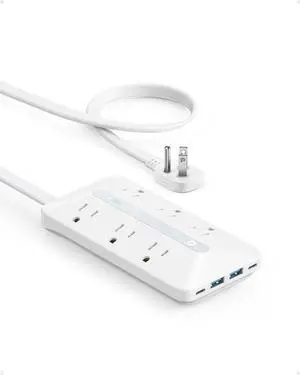 Flat Plug Power Strip(300J) with 20W USB-C, 10-in-1 Ultra Thin Power Strip with 6 AC, 2 USB-A and C Each, 5 ft Extension Cord for Desk Charging Station/Home/Office/College/Dorm Essentials, White