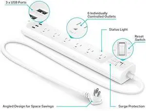 Plug Power Strip HS300, Surge Protector with 6 Individually Controlled Smart Outlets and 3 USB Ports, Works with Alexa & Google Home, No Hub Required , White