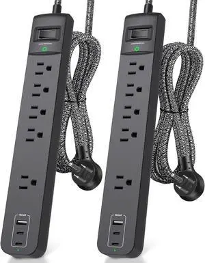 2 Pack Power Strip Surge Protector - 5 Widely Spaced Outlets 3 USB Charging Ports, 1875W/15A 6Ft Braided Extension Cord, Flat Plug Overload Protection, Wall Mount for Home Office Dorm Room Essentials