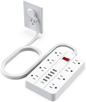 Power Strip with USB,Surge Protector Flat Plug with 8 Widely Spaced Outlets and 6 USB Ports(1 USB C), 5ft Extension Cord Wall Mountable Phone Tablet Laptop Computer Multiple Devices