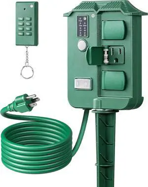 Outdoor Power Stake Timer Waterproof, 100FT Wireless Remote Control, 6 Grounded Outlets, 6FT Extension Cord, Photocell Dusk to Dawn for Halloween/Christmas Decor Lights, Garden, UL Listed