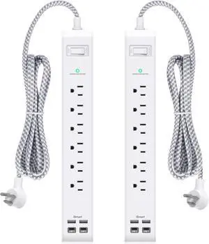 2 Pack Power Strip, 12FT Long Extension Cord, Surge Protector with 6 Outlets and 4 USB Ports (2 USB C), Flat Plug Overload Protection, Extension Cord 10+ ft, Wall Mount for Home Office Dorm College