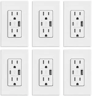 USB Outlets, 15 Amp Wall Outlet with USB Ports, 21W USB Outlets Receptacles with Type A & Type C Ports, Tamper Resistant Receptacle, Wall Plate Included, Ul Listed (6 Pack, Matte White)