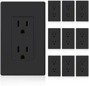 Matte Black Standard Decorator Electrical Wall Receptacle Outlet, 15A 125V, 2 Pole 3 Wire, Non- Tamper Resistant, NEMA 5-15R, Self-Grounding, Wall Plate Included, UL Listed, 10 Pack