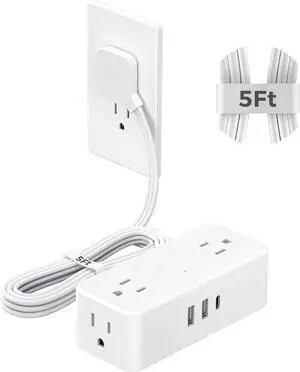 5 FT White Extension Cord, 900J Surge Protector Small Power Strip with 3 USB Ports (1 USB C), Flat Plug Power Strip, Mini Charging Station Suitable for Home Office Dorm