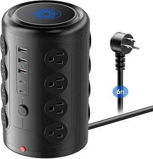 Heavy Duty Power Strip Tower with 16 Outlets and 5 USB Ports (2 USB-C), 1500J Surge Protector with Multiple Outlets, 6 FT Extention Cord for Home Office Desk, Dorm Room Essentials Black