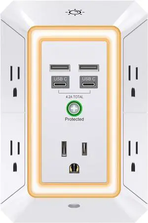 3-Sided Outlet Extender with Night Light - Multi Plug Outlet with 5 Outlets and 4 USB Ports(2 USB-C), USB Wall Charger for Home, Office, Travel, ETL Listed, White