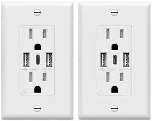 USB Outlet, 3-Port Type C 3.6A 18W Wall Outlet, 15 Amp Receptacle, Charging Power Outlet with USB Ports, Compatible with iPhone 16 Series & More, UL Listed, TU21536AC3-2PCS, White, 2 Pack