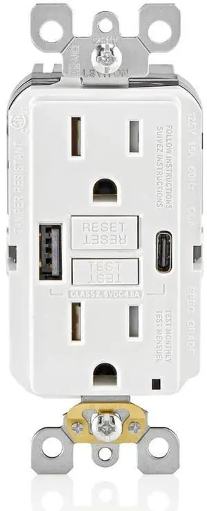 GUAC1-W 15A SmartlockPro Self-Test GFCI Combination with Type A & Type-C USB in-Wall, USB Charger for Smartphones and Tablets