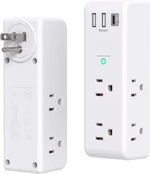 Surge Protector Outlet Extender with Rotating Plug,  6 AC Multi Plug Outlet with 3 USB Ports (1 USB C), 1800 J, 3-Sided Swivel Power Strip Spaced Outlet Splitter for Dorm Office, White-2 Pack