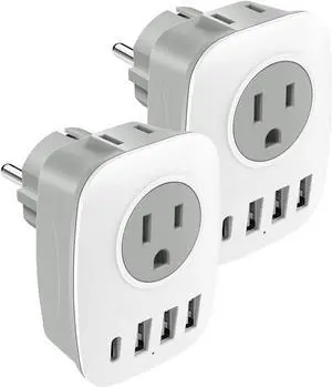 2 Pack Type E/F Plug Adapter, Schuko Germany France Adapter Plug,South Korea Outlet Adapter with 1 USB C,3 USB Ports and 2 Outlets, US to EU Spain Iceland Greece Paris German French Korea