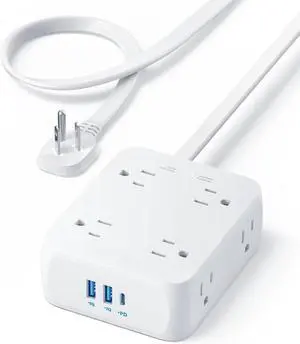 Surge Protector Flat Plug Power Strip 2000J, 10ft Thin Extension Cord, 8 Outlets,2 USB A and 1 USB C Port,20W for iPhone15,Wall Mount,Compact for Home,Office,Room,TUV Listed
