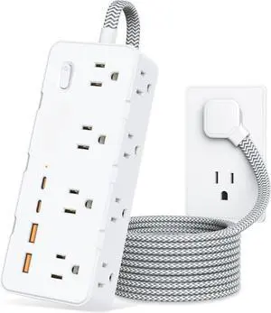 Power Strip Surge Protector, 5FT Braided Extension Cord with Multiple Outlets-8 AC Outlets 4 USB Ports (2 USB C), Flag Plug Charging Station, 1700 Joule Surge Protection for Home Office, White