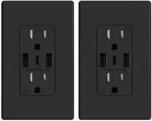 3-Port USB C Wall Outlet Receptacle, Matte Black 15 Amp With USB Ports, TR Tamper-Resistant, Screwless Wall Plate Included, UL & CUL Listed, 2 Pack