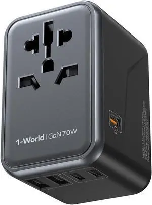 Universal Travel Adapter, GaN 70W International Power Adapter, 3 USB-C PD Fast Charging & 2 USB-A QC, 1 AC, All-in-one International Plug Adapter for Travel European UK AUS JP