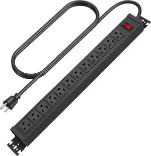 Rotating Mountable Power Strip, 12 Outlet Wall Mount Surge Protector, Metal Heavy Duty and Versatile Outlet Strip, Stylish Appearance, Sturdy and Durable, 6ft Power Cord.(Black)