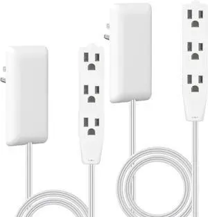 Flat-Face Outlet Extender with 3 Receptacles, Ultra-Thin Wall Plate Plug with Cord Extender and 3-Outlet Power Strip, 3ft Cord, LWE3-315-W2P, ETL-Listed, White, 2 Pack