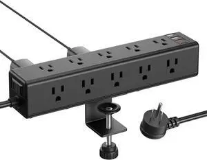 Standing Desk Clamp Power Strip with 15 Outlets, Widely Spaced Desktop Edge Mount Surge Protector Outlet, Fast Charging USB-A and USB-C Ports, 6 FT Flat Plug, Black Fit 1.6 inch Table top.