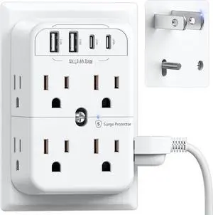 2 Prong Power Strip, 3 to 2 Prong Outlet Adapter, 2 Type C&2 USB, Surge Protector, Polarized Plug, 3-Sided Wide Spaced Extender, Wall Tap Splitter for Non-Grounded Outlets in Old House
