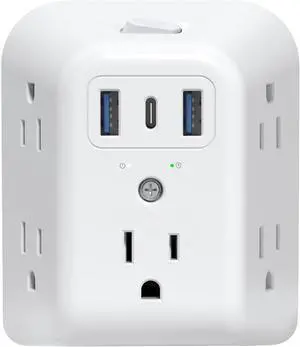 2 Prong Power Strip USB, 2 to 3 Prong Outlet Adapter, 5 Outlet Splitter with 3 USB Ports(1 USB-C), Wall Mount 1440J Surge Protector with ON/Off, Polarized Plug, for Non-Grounded Plug Old House