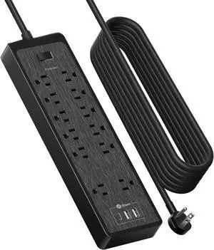 Flat Plug Extension Cord 25 Ft, Surge Protector Power Strip with 12 Outlets(2 Widely Space) 3 USB, Overload Protection Switch, 2100 Joules, Wall Mount for Home Office and Workbench, Black