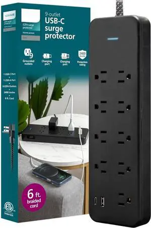 9-Outlet Surge Protector with USB Charging, 6ft Braided Extension Cord, 1USB-A, 1USB-C, 2400J, Adapter Spaced, Black - SPP3983B/37
