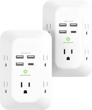 USB Wall Charger Surge Protector, 5 Outlet Extender with 4 USB Charging Ports 3 Sided 1800J Power Strip Multi Plug Outlets, Wall Adapter Spaced for Home Office, 2 Pack