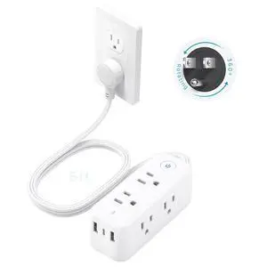 360° Rotating Flat Plug Power Strip, 6 Widely Spaced Outlets, 2 USB A and 1 USB C, 1440J Surge Protector, Wall Mountable, Extension Cord 5ft for Home Travel Office Dorm Room Essentials, White