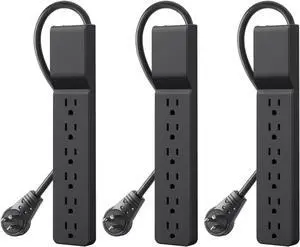 Power Strip Surge Protector with 6 AC Multiple Outlets - Flat Rotating Plug, 6 ft Long Heavy-Duty Extension Cord for Home, Office, Travel, Computer Desktop & Charging Brick (600 Joules) 3PK