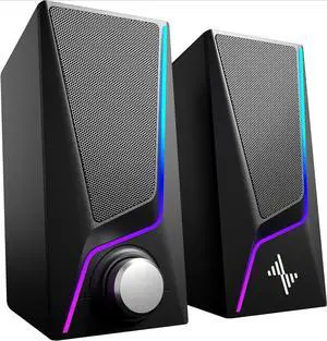Computer Speakers, PC Speakers with 6 Lighting Modes, USB Powered Computer Speakers for Desktop Monitor with 2 Bass-Boost Ports, 2 Speaker Units, and 3.5mm Aux-in Cable for PC, Laptop, Tablet, Phone